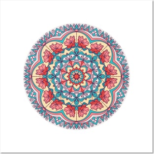 Colorful Floral hand drawn Mandala. Circle ornament in retro colors. Posters and Art